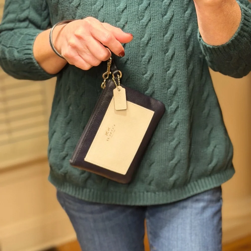 Coach Two-Tone Leather Wristlet in Navy and Cream - Picture 2 of 16